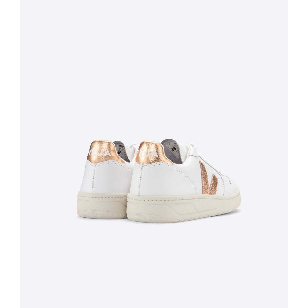 Women's Veja V-10 LEATHER Sneakers White/Gold | ZA 641CTV